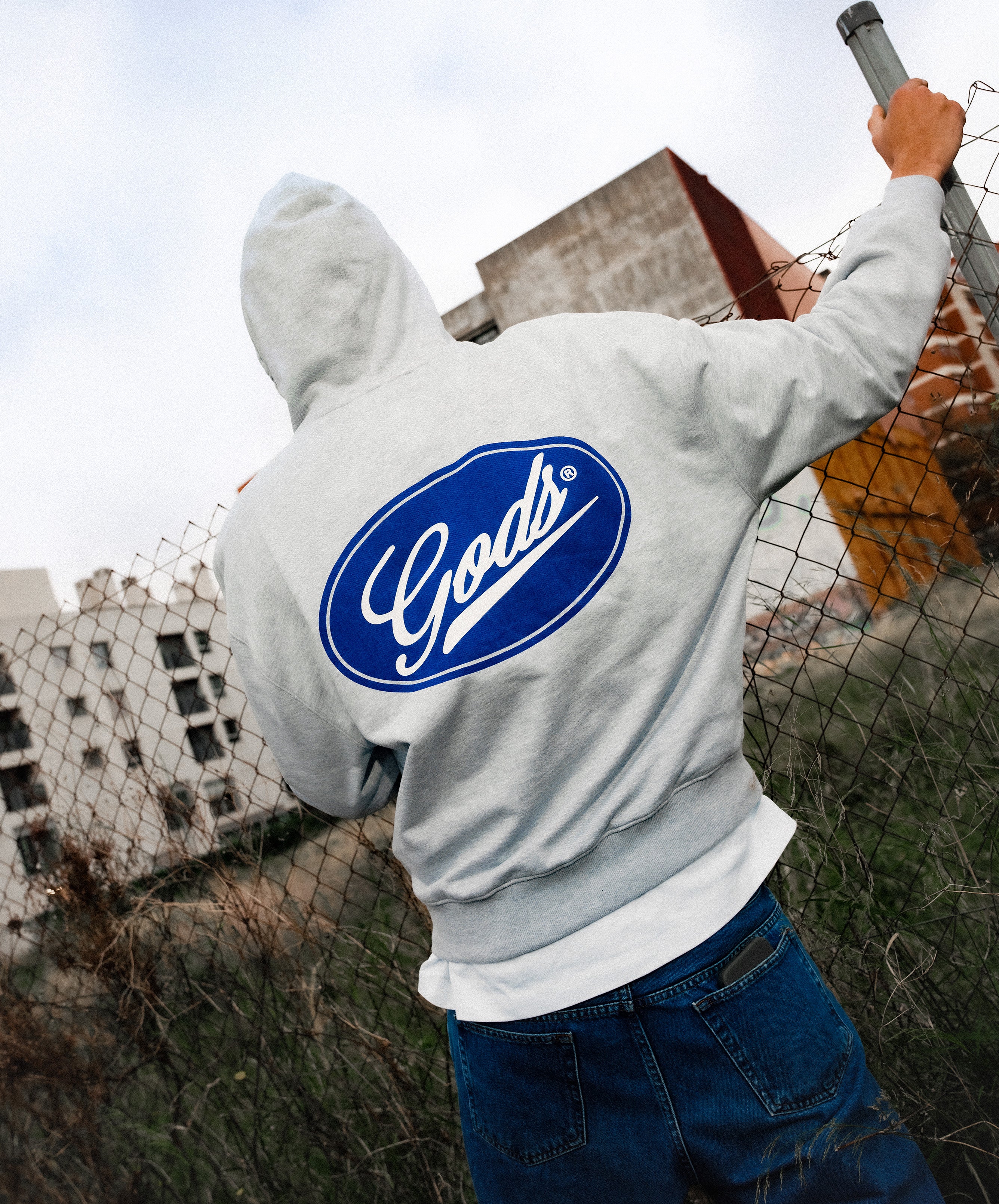 Blue Circle Cropped Hoodie Grey