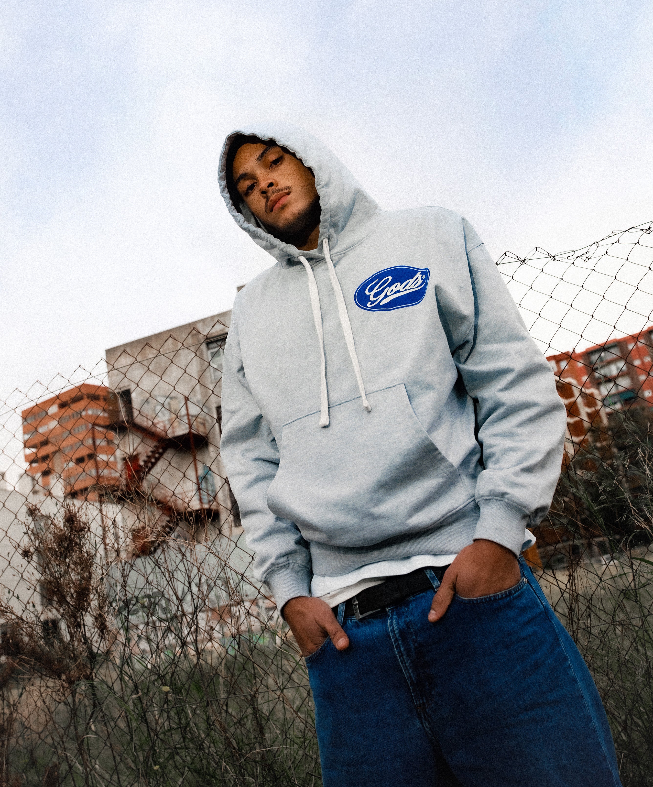 Blue Circle Cropped Hoodie Grey