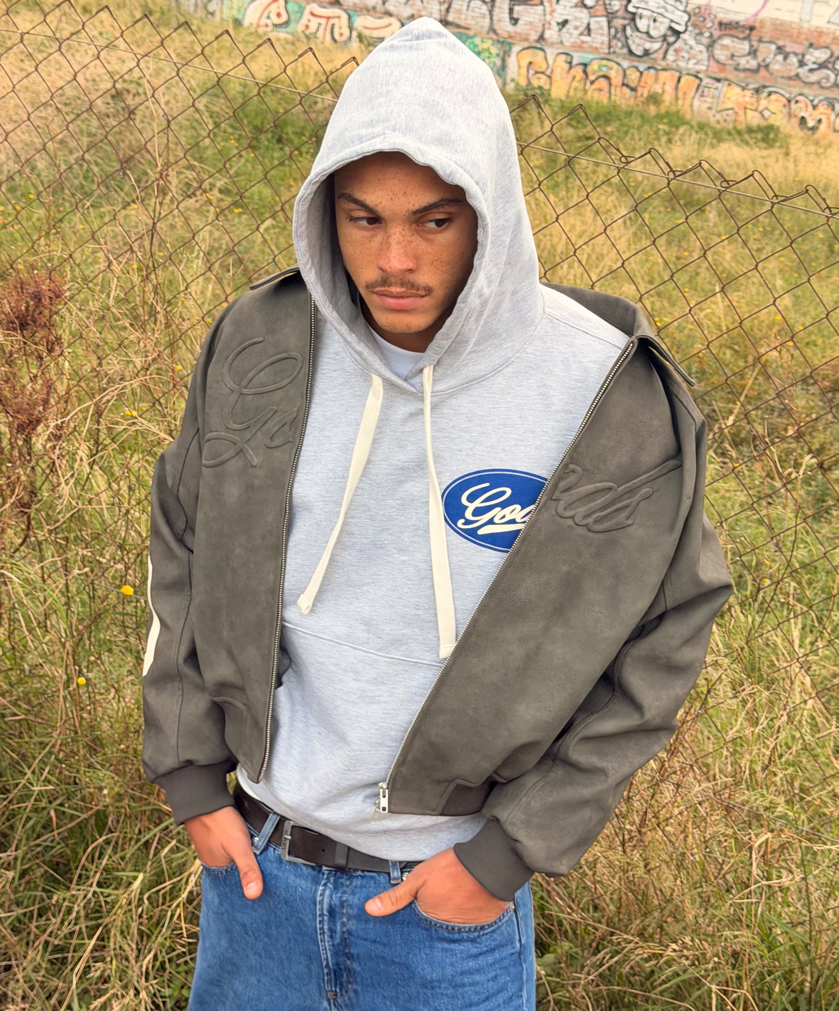 Blue Circle Cropped Hoodie Grey