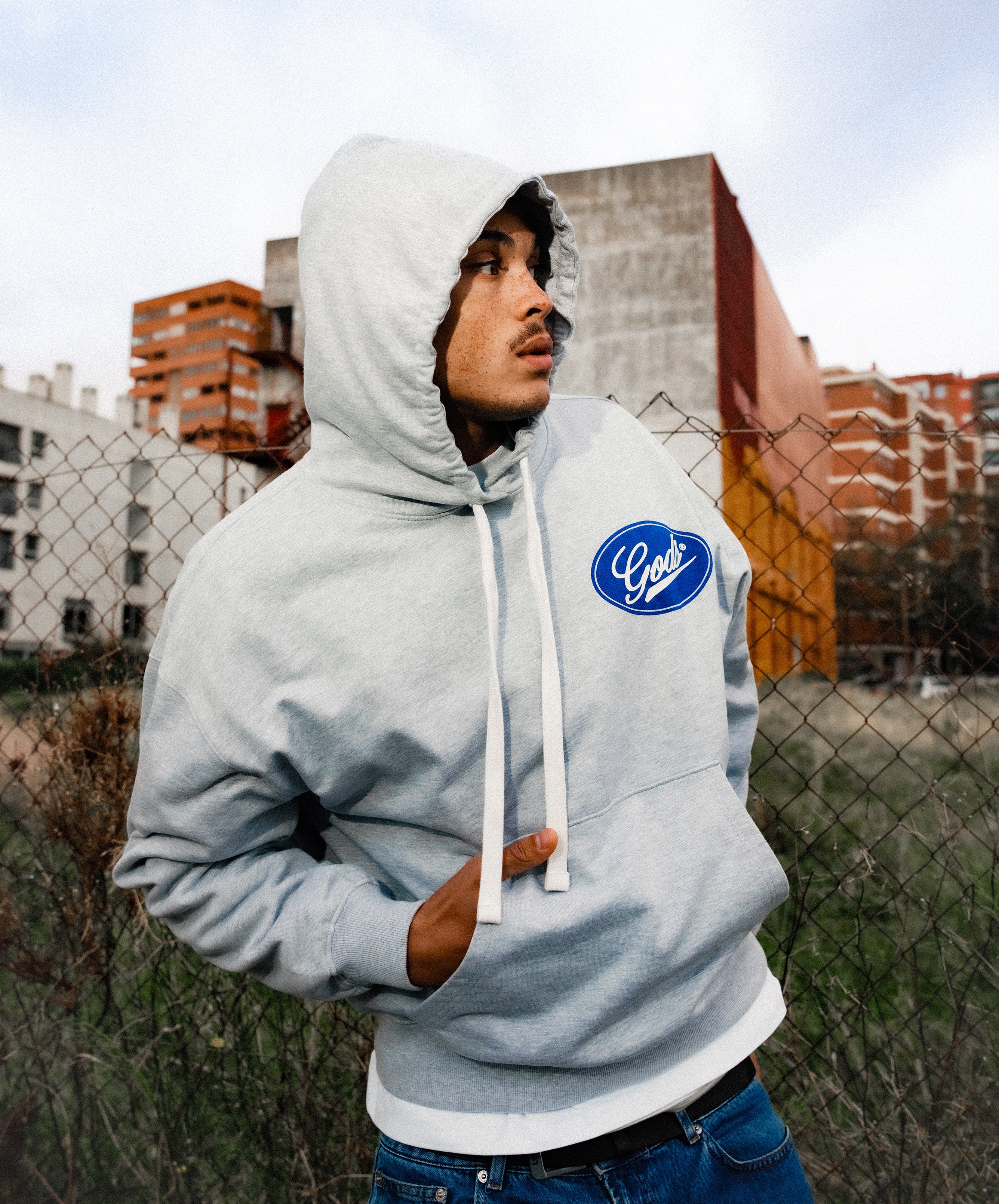 Blue Circle Cropped Hoodie Grey